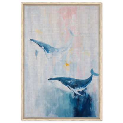 Watercolor painting of two blue whales in Whales Blue Beatitude framed canvas print