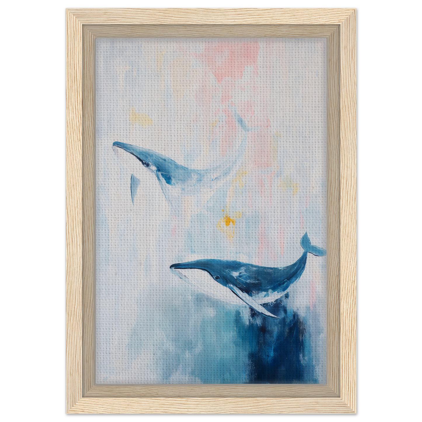 Framed canvas print of two blue whales in a pastel ocean, Whales Blue Beatitude