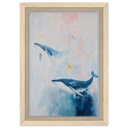 Framed canvas print of two blue whales in a pastel ocean, Whales Blue Beatitude