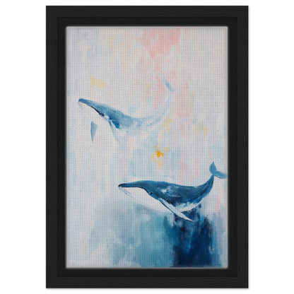 Framed painting of two blue whales in pastel ocean, ideal for Whales’ Blue Beatitude room decor