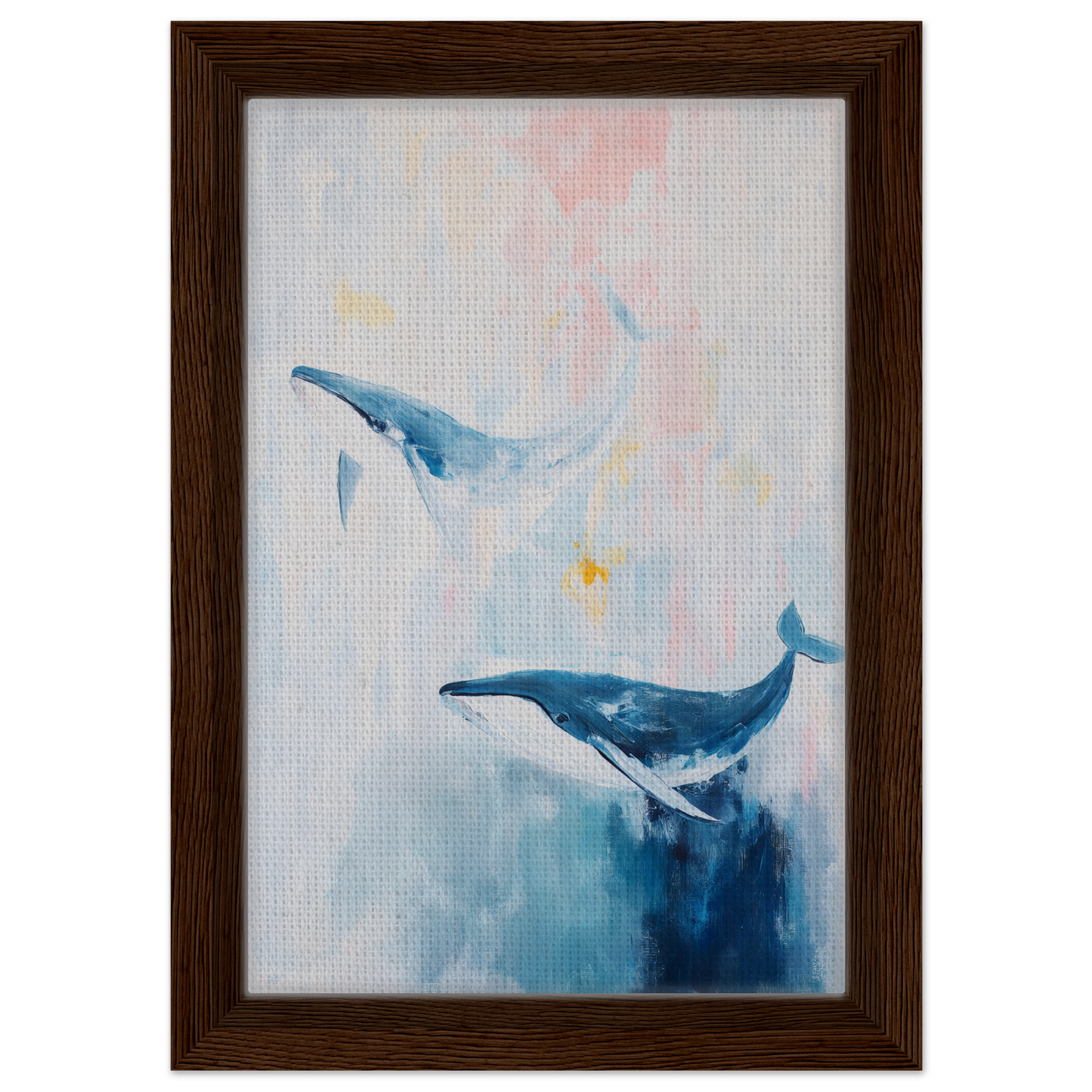 Framed canvas print of two blue whales in a pastel ocean, showcasing Whales Blue Beatitude