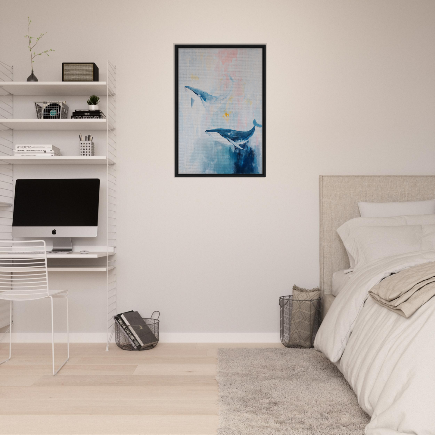 Framed canvas print of blue whales in a watercolor ocean, Whales Blue Beatitude