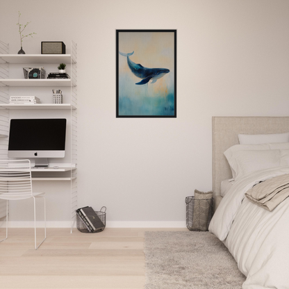 Framed painting of a blue whale in a misty sea, part of Whale’s Lucid Ballet collection