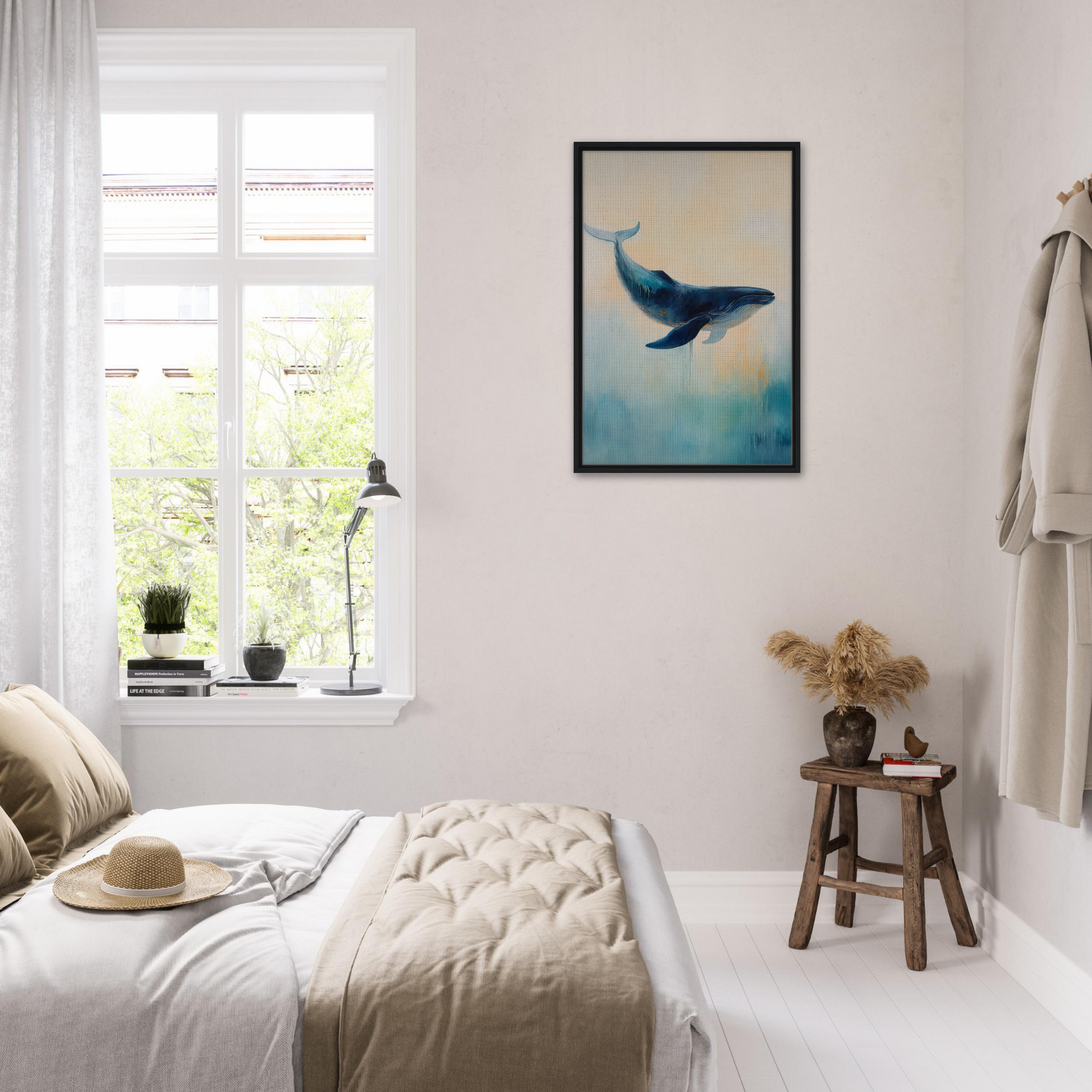 Framed artwork of a whale swimming in misty blue, perfect for Whale’s Lucid Ballet room decor