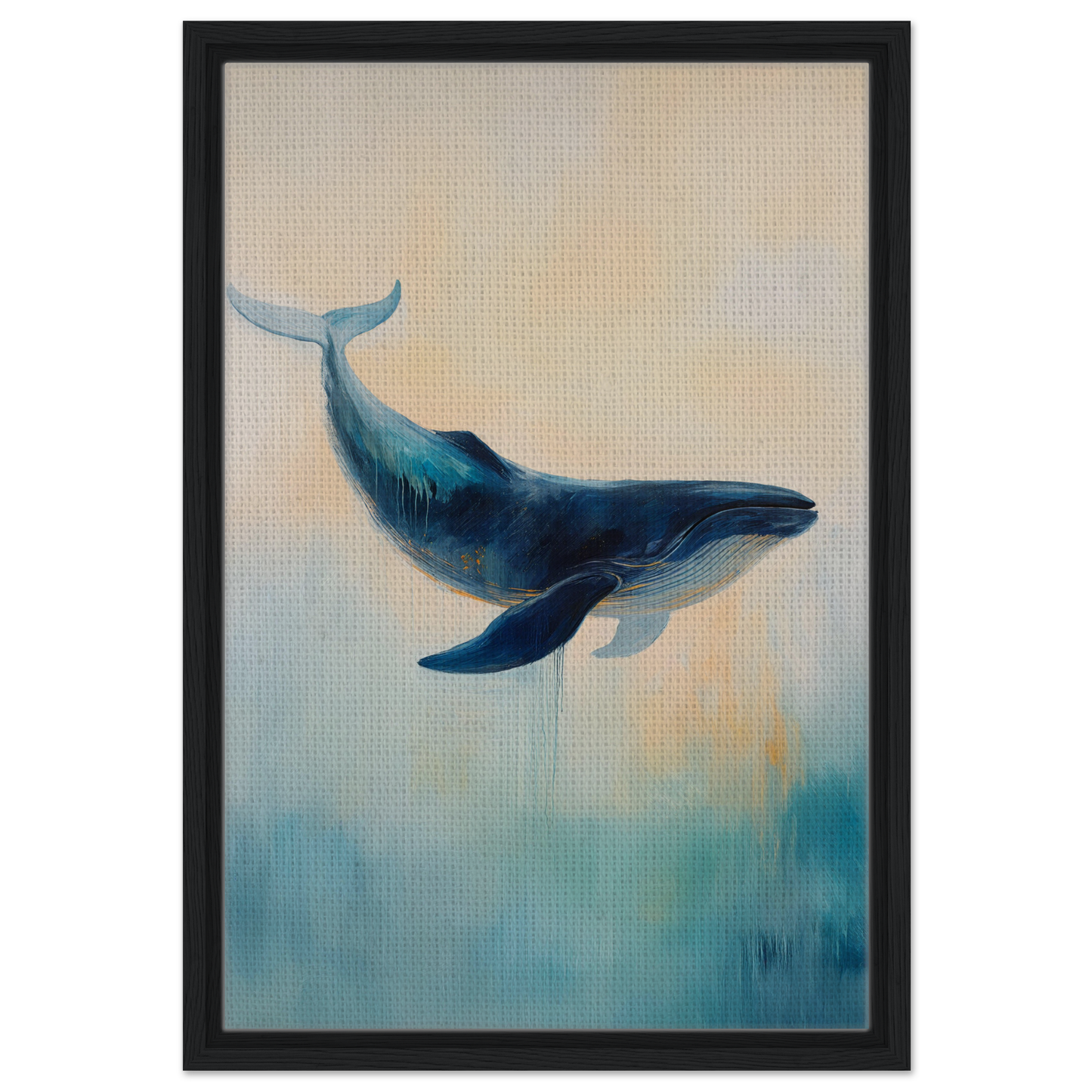 Blue whale swimming gracefully in water, featured in Whale’s Lucid Ballet framed canvas print