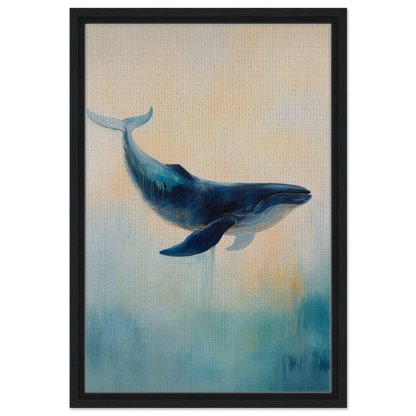 Blue whale swimming gracefully in water, featured in Whale’s Lucid Ballet framed canvas print