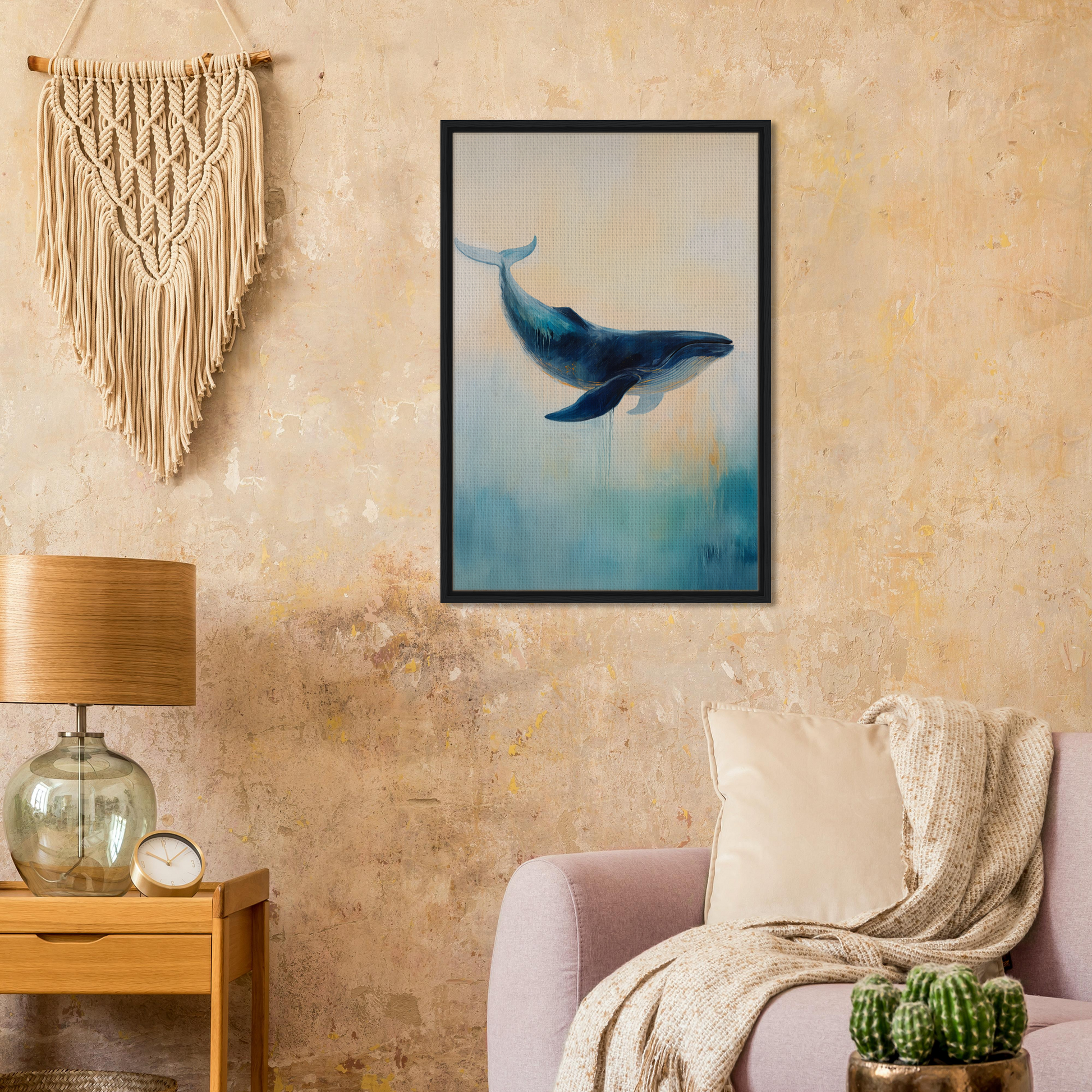 Framed painting of a blue whale swimming underwater for Whale’s Lucid Ballet room decor