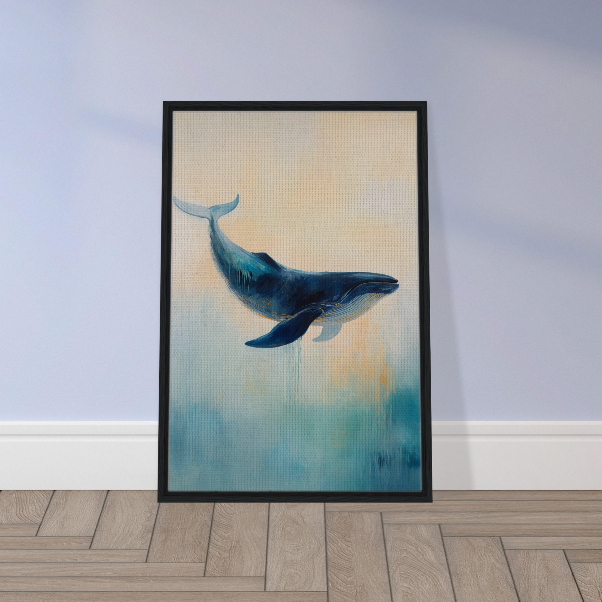 Framed painting of a blue whale representing Whale’s Lucid Ballet in graceful motion