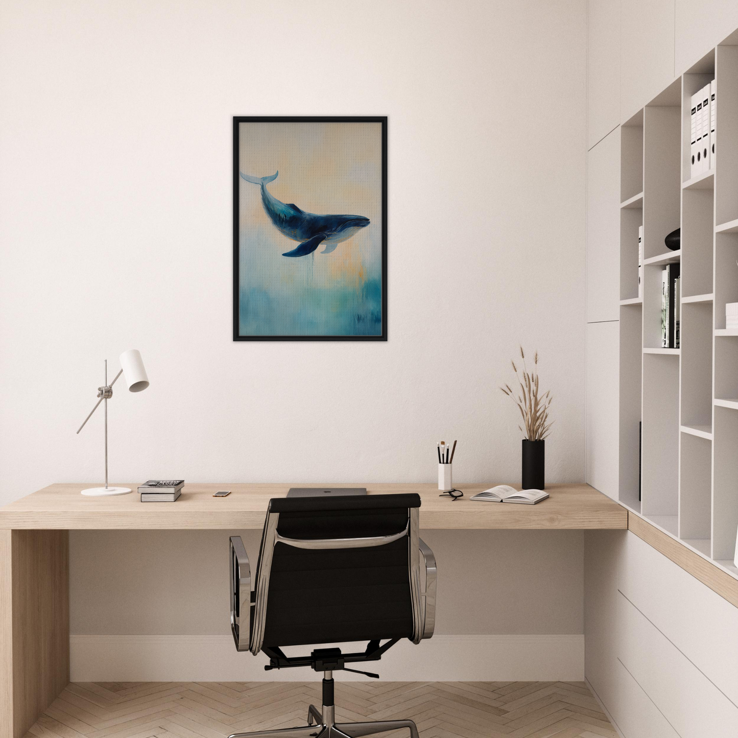 Framed canvas print of a blue whale in a dreamy sky, Whale’s Lucid Ballet artwork