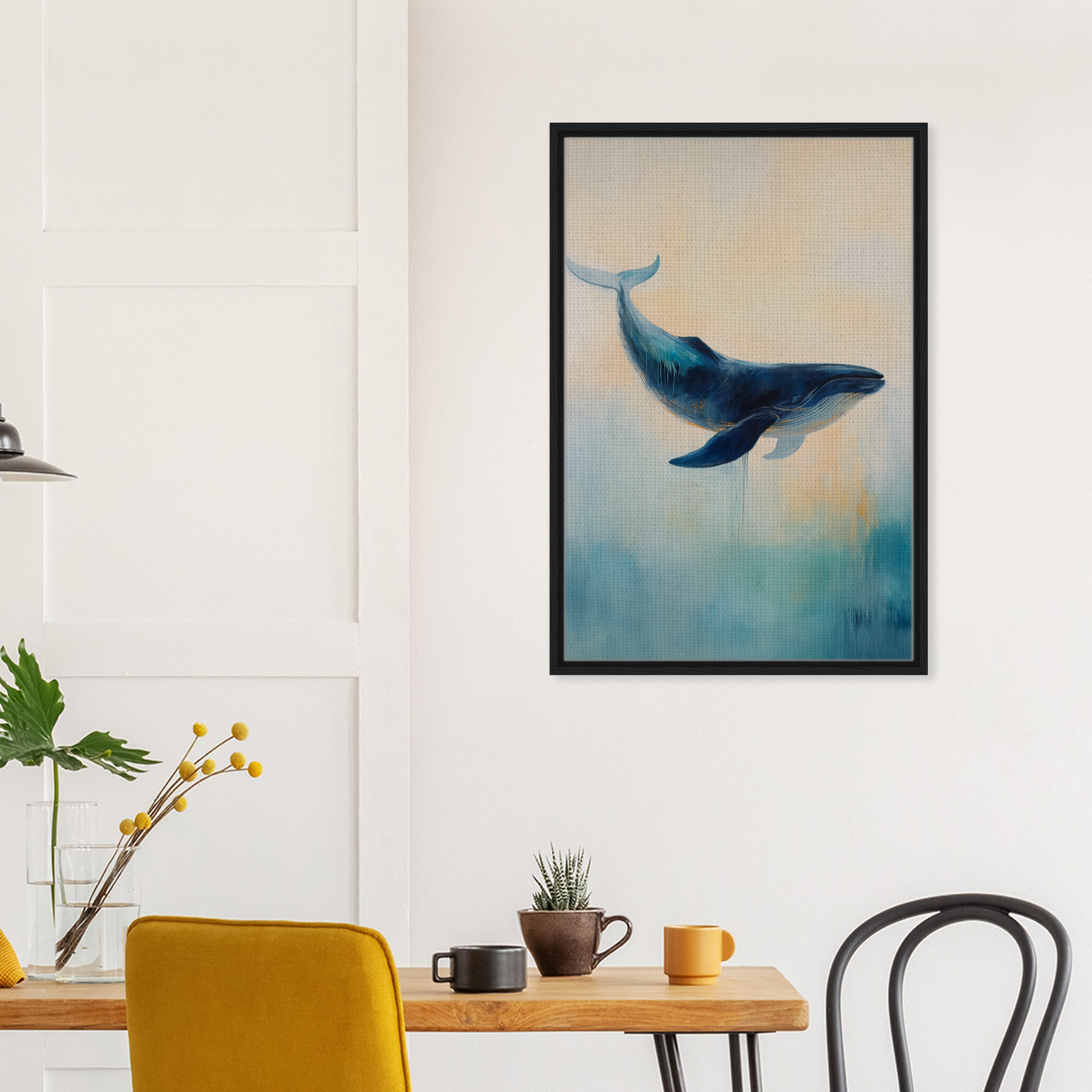 Framed canvas print of a blue whale in Whale’s Lucid Ballet artwork