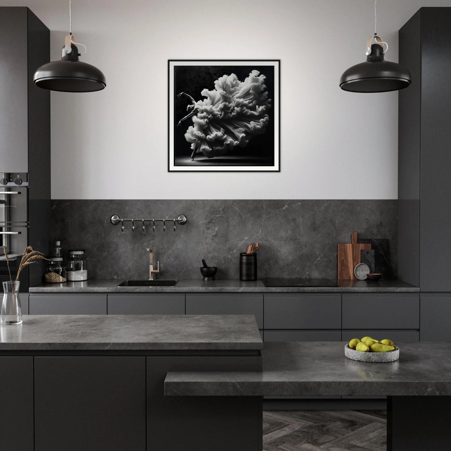 Modern dark kitchen featuring Whirling Mystic Revelry wall art with industrial lighting