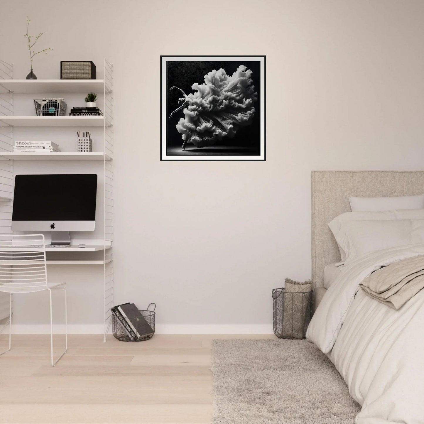 Minimalist bedroom featuring Whirling Mystic Revelry framed poster and iMac workstation