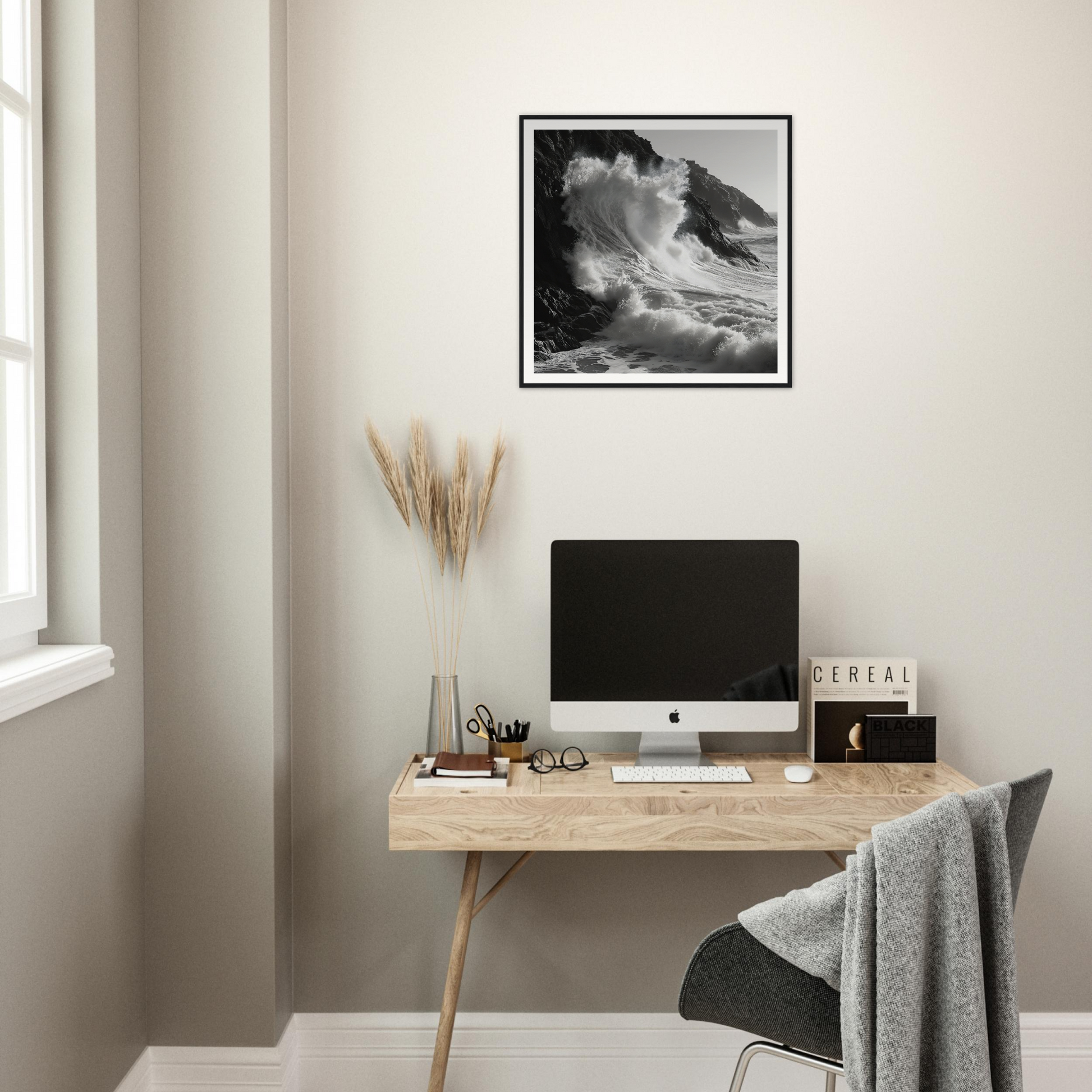 Minimalist wooden desk featuring iMac and pampas grass in Whirlwind’s Whisper design