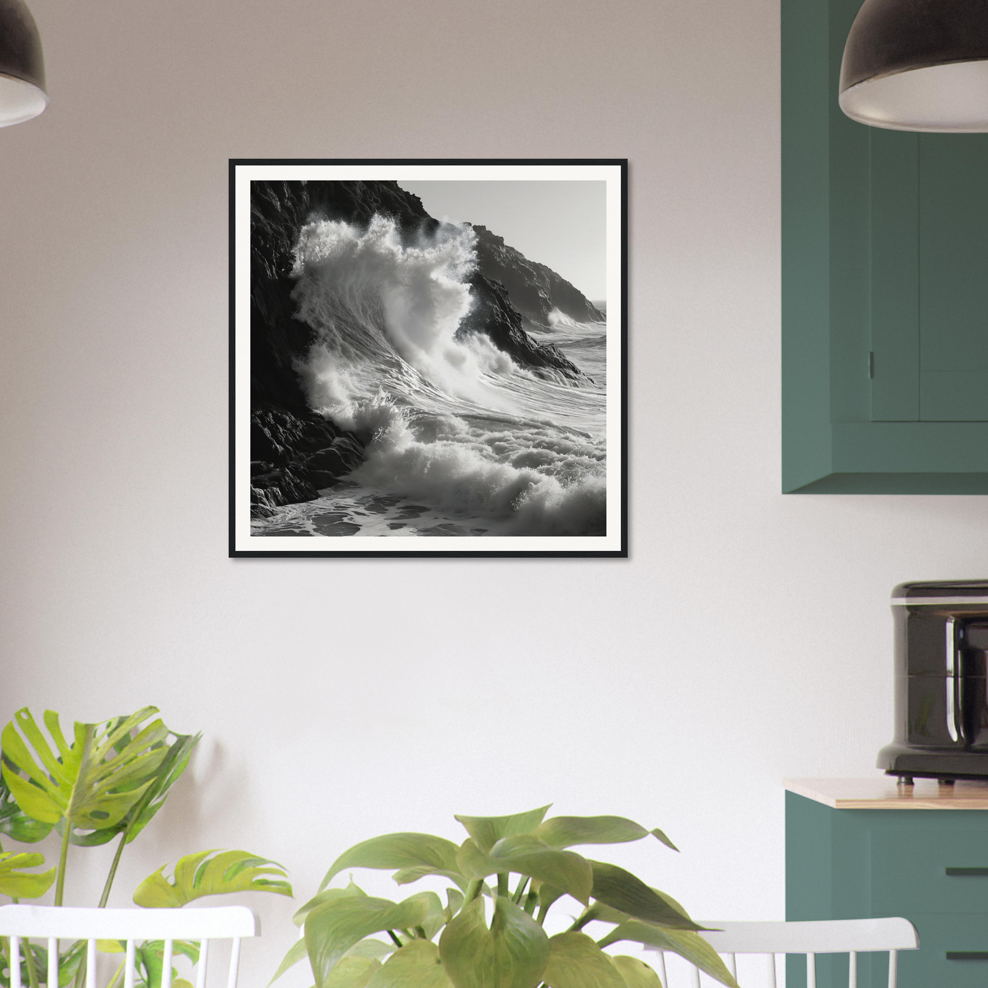 Black and white crashing waves art print, Whirlwind’s Whisper on durable pine wood