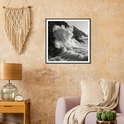 Black and white photo of a crashing wave on rocks for Whirlwind’s Whisper special edition art™