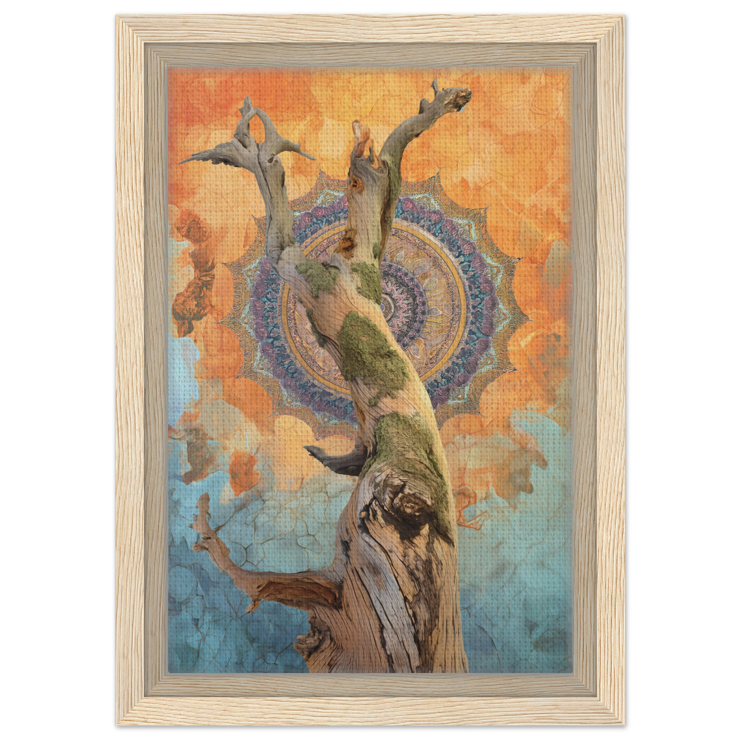 Human figure with outstretched arms from a tree trunk in a whispered eternal dance design