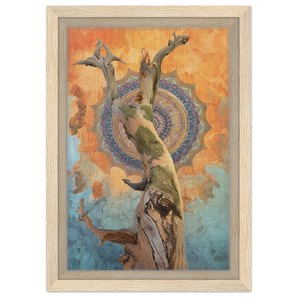 Human figure with outstretched arms from a tree trunk in a whispered eternal dance design