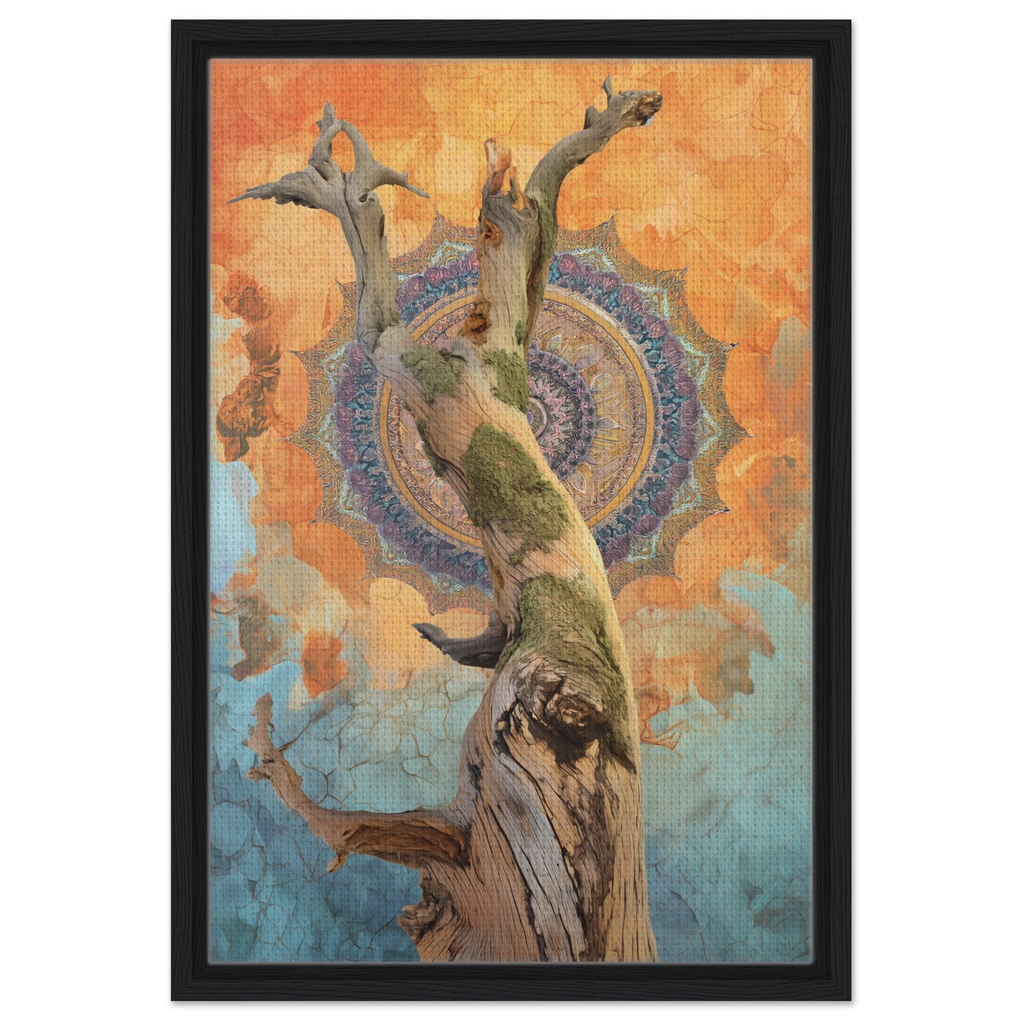 Twisted tree trunk and branches in whispered eternal dance on framed canvas print