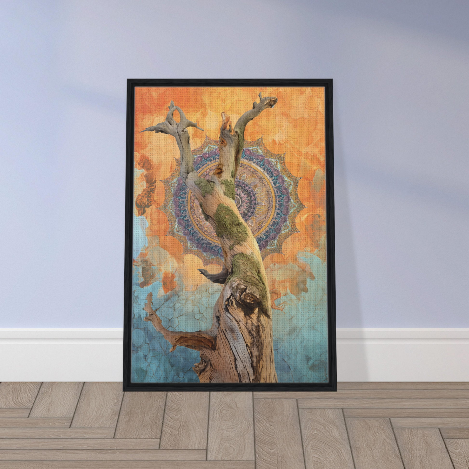 Framed canvas print of a meerkat in a whispered eternal dance against an abstract background