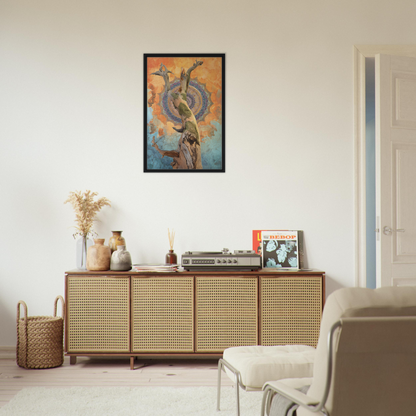 Wooden sideboard with cane-webbed doors and decorative items atop a framed canvas print
