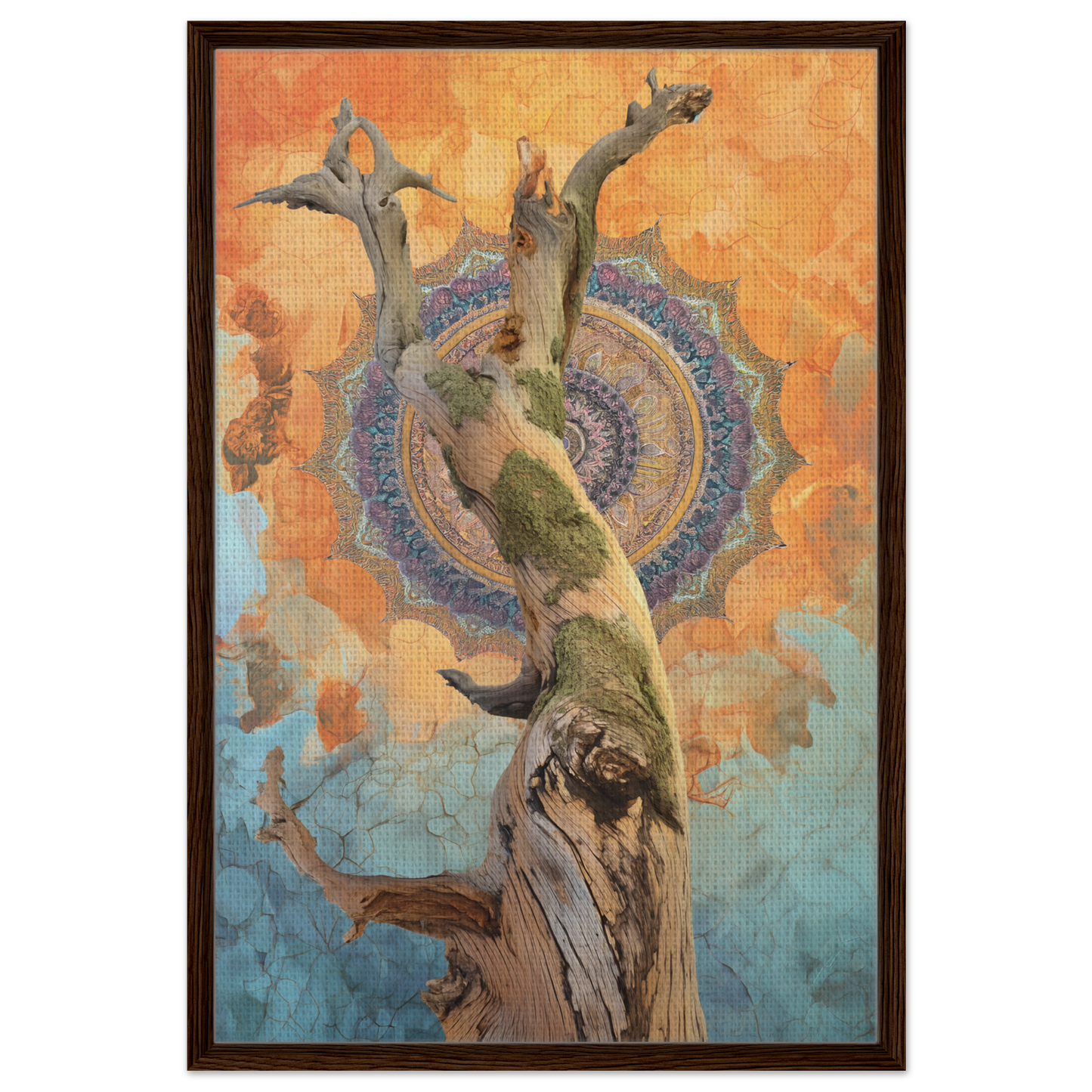 Twisted tree trunk intertwines with a mandala, embodying the whispered eternal dance