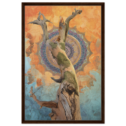 Twisted tree trunk intertwines with a mandala, embodying the whispered eternal dance