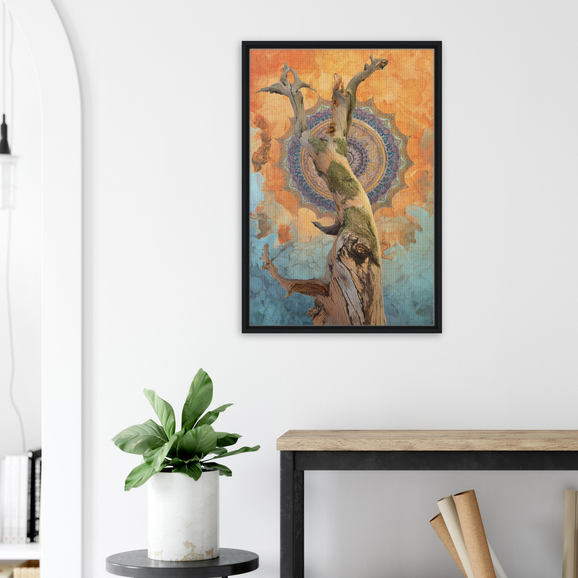 Framed surrealist painting of a figure in a whispered eternal dance mandala for room decor