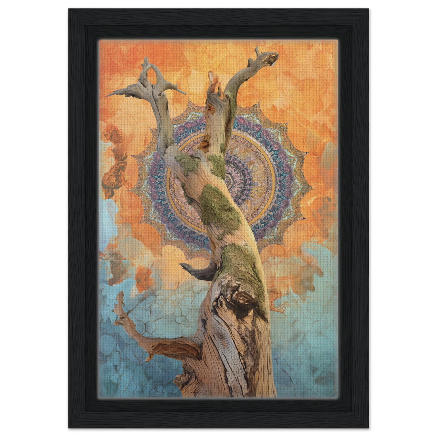 Twisted tree trunk against mandala pattern, embodying whispered eternal dance in room decor