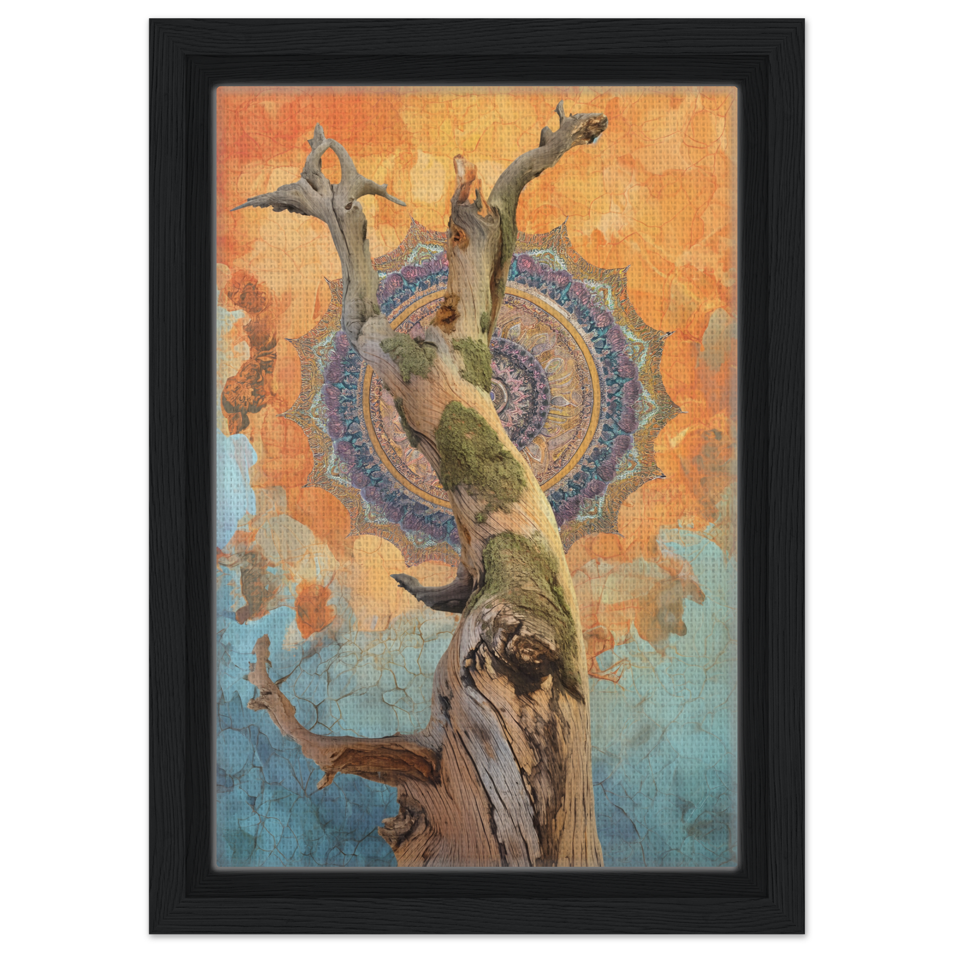 Twisted tree trunk against mandala pattern, embodying whispered eternal dance in room decor