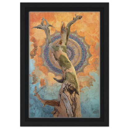 Twisted tree trunk against mandala pattern, embodying whispered eternal dance in room decor