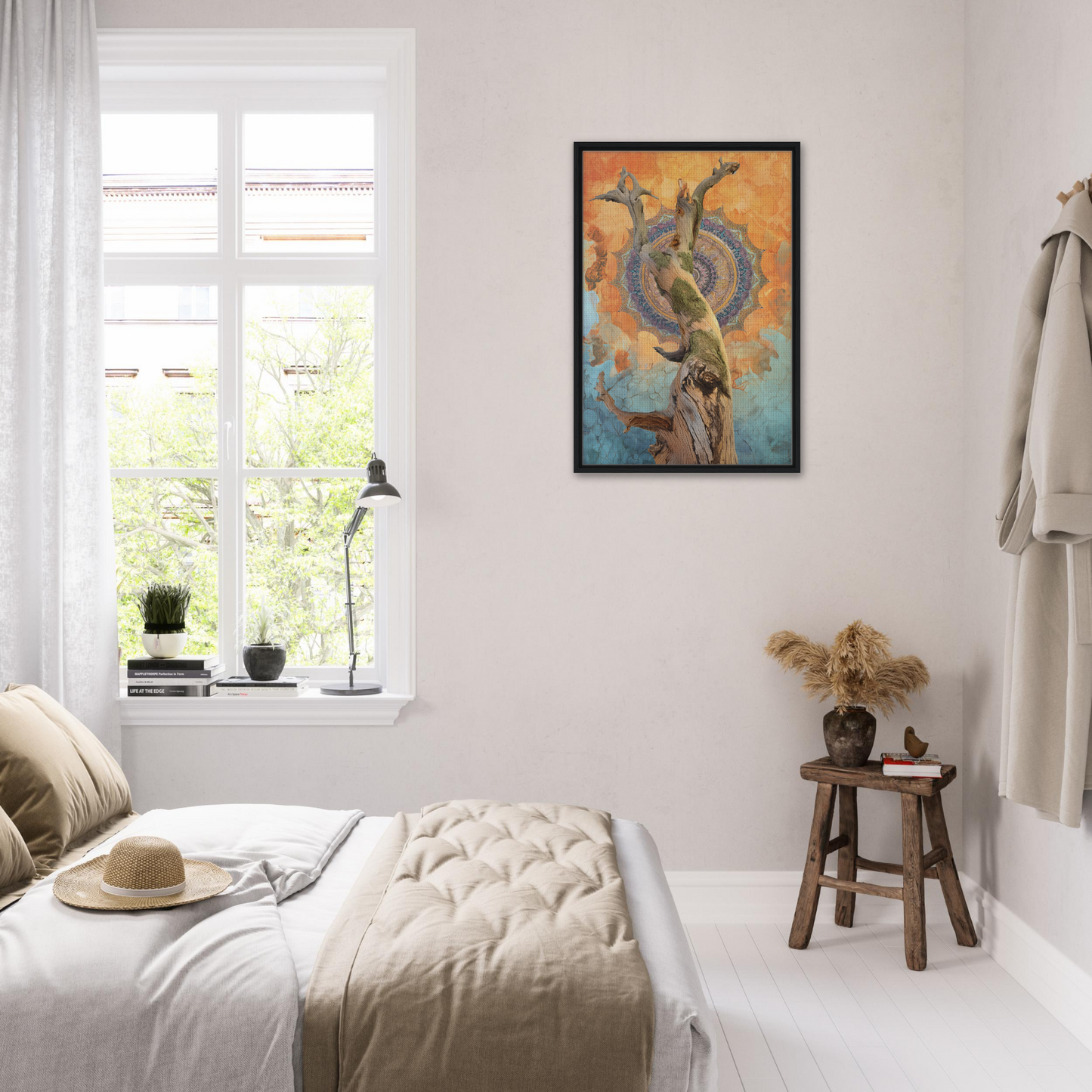 Bright airy bedroom featuring a Framed Canvas Print from whispered eternal dance collection