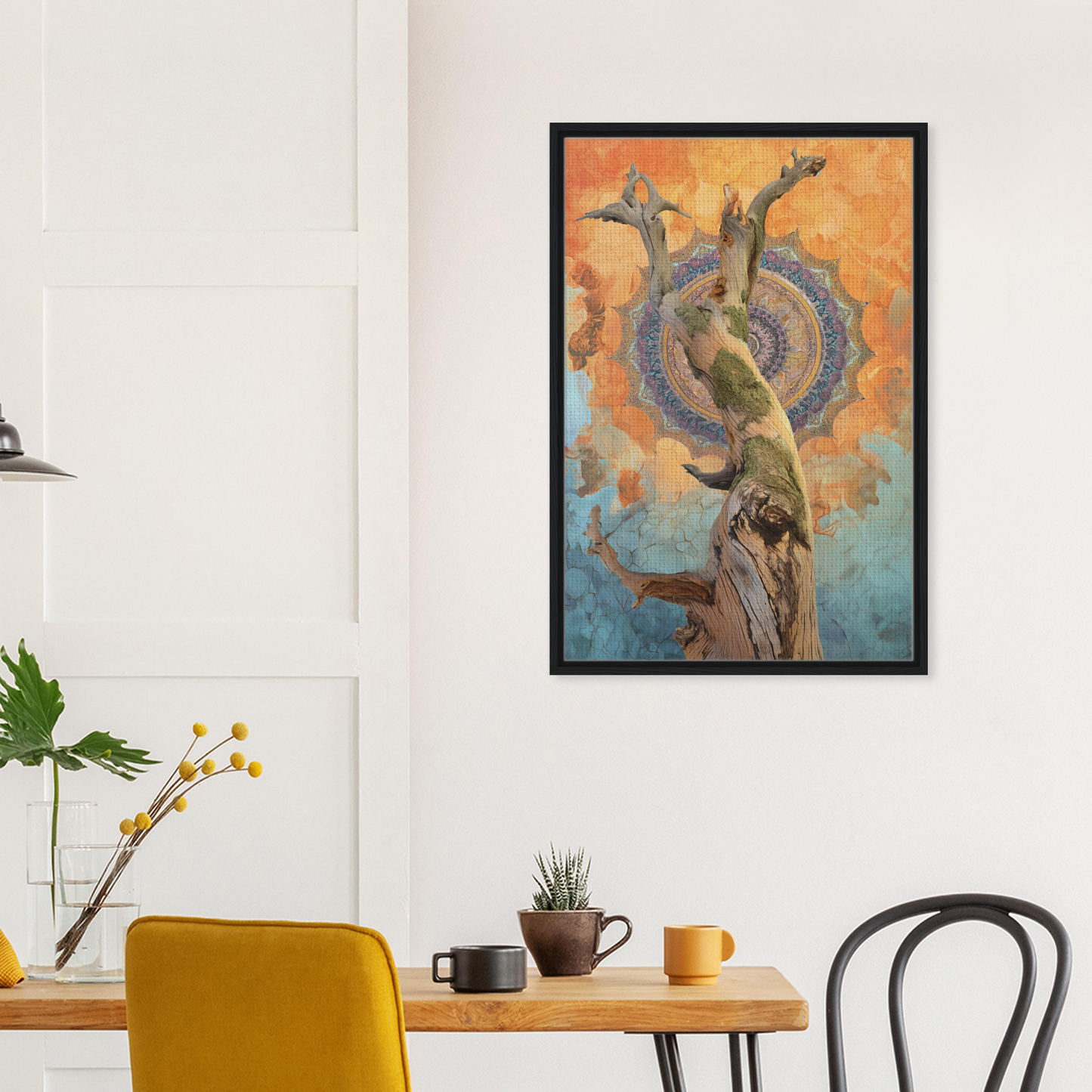 Framed canvas print of a figure in a whispered eternal dance against vibrant swirls