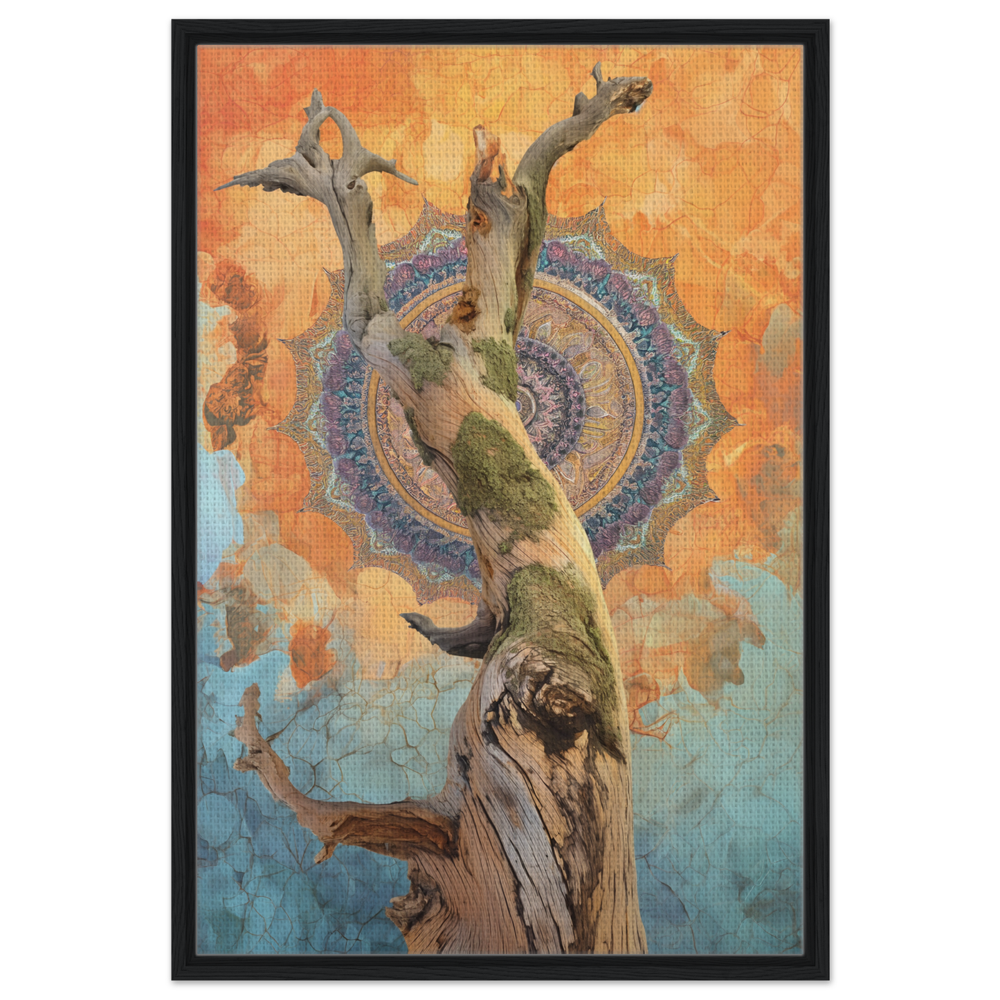 Gnarled tree trunk entwined with a mandala pattern, embodying the whispered eternal dance