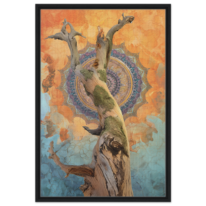 Gnarled tree trunk entwined with a mandala pattern, embodying the whispered eternal dance