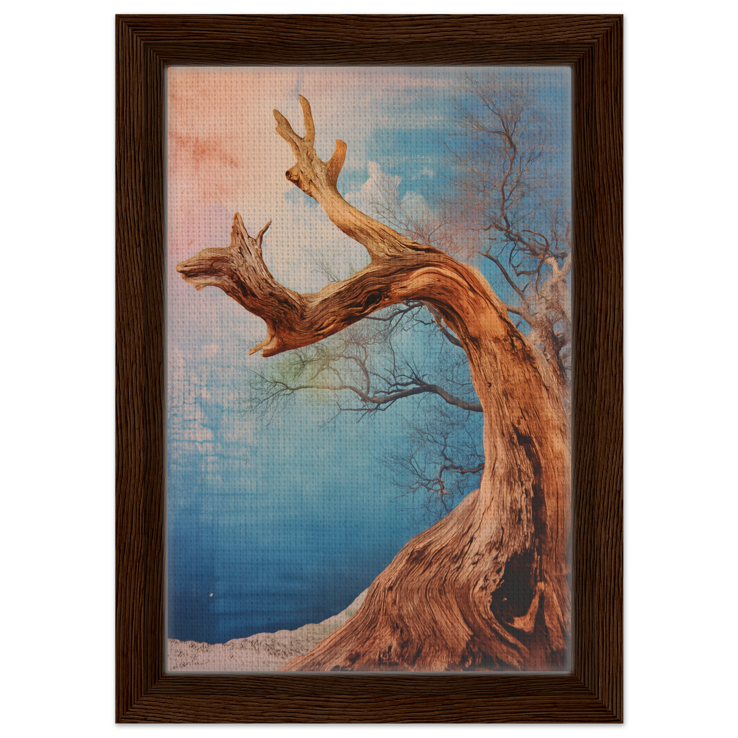 Gnarled tree with bare branches against a colorful sky for Whispering Arboreal Echoes room decor