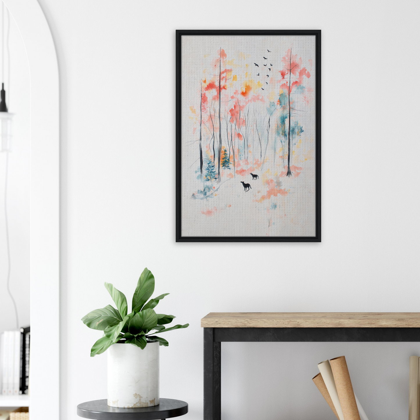 Framed abstract watercolor of a forest for Whispering Autumn Reverie room decor