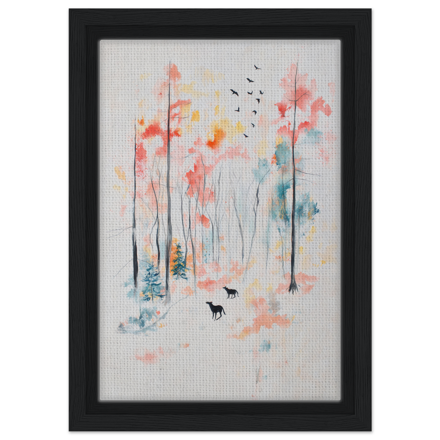 Framed watercolor painting of a whimsical forest, perfect for Whispering Autumn Reverie room decor