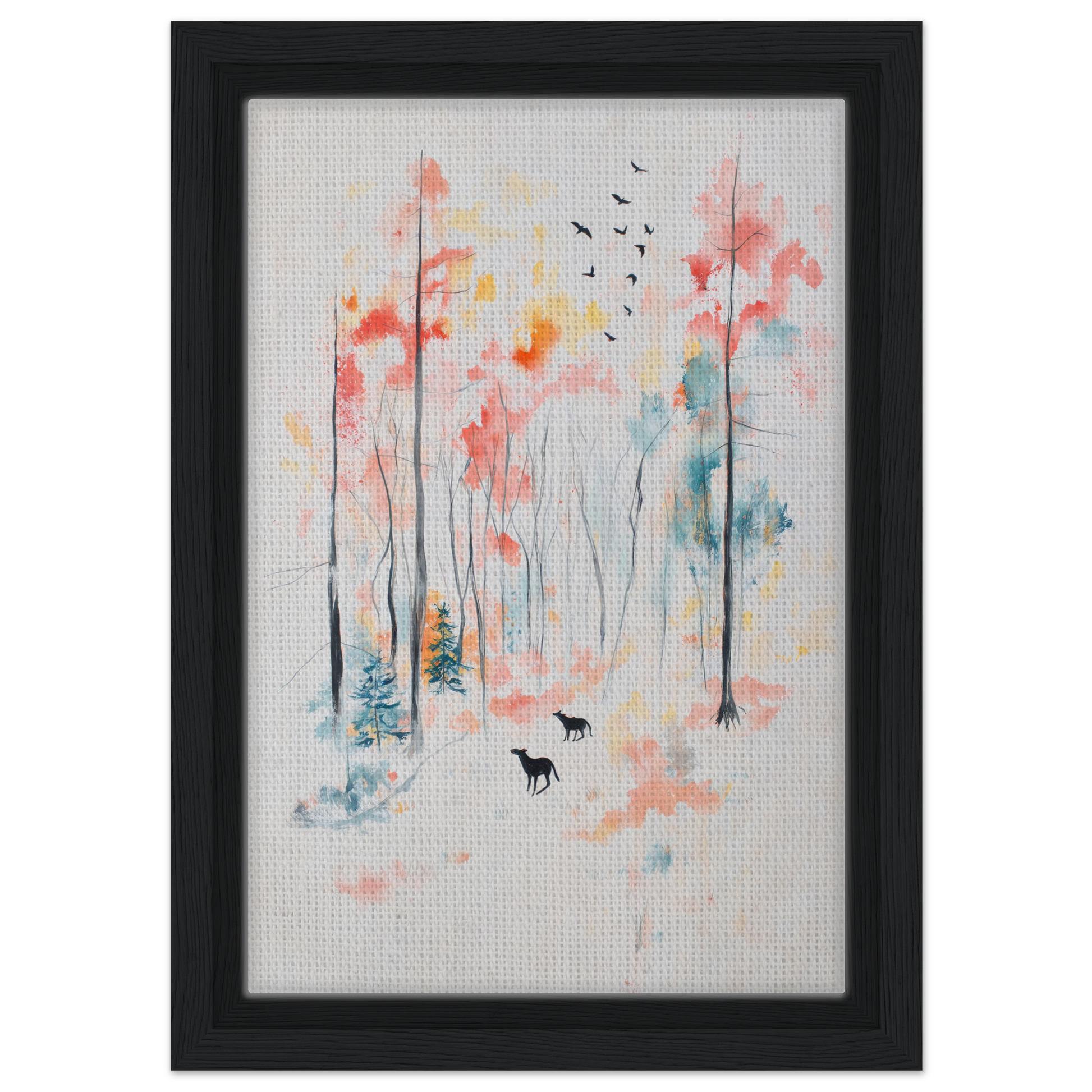 Framed watercolor painting of a whimsical forest, perfect for Whispering Autumn Reverie room decor