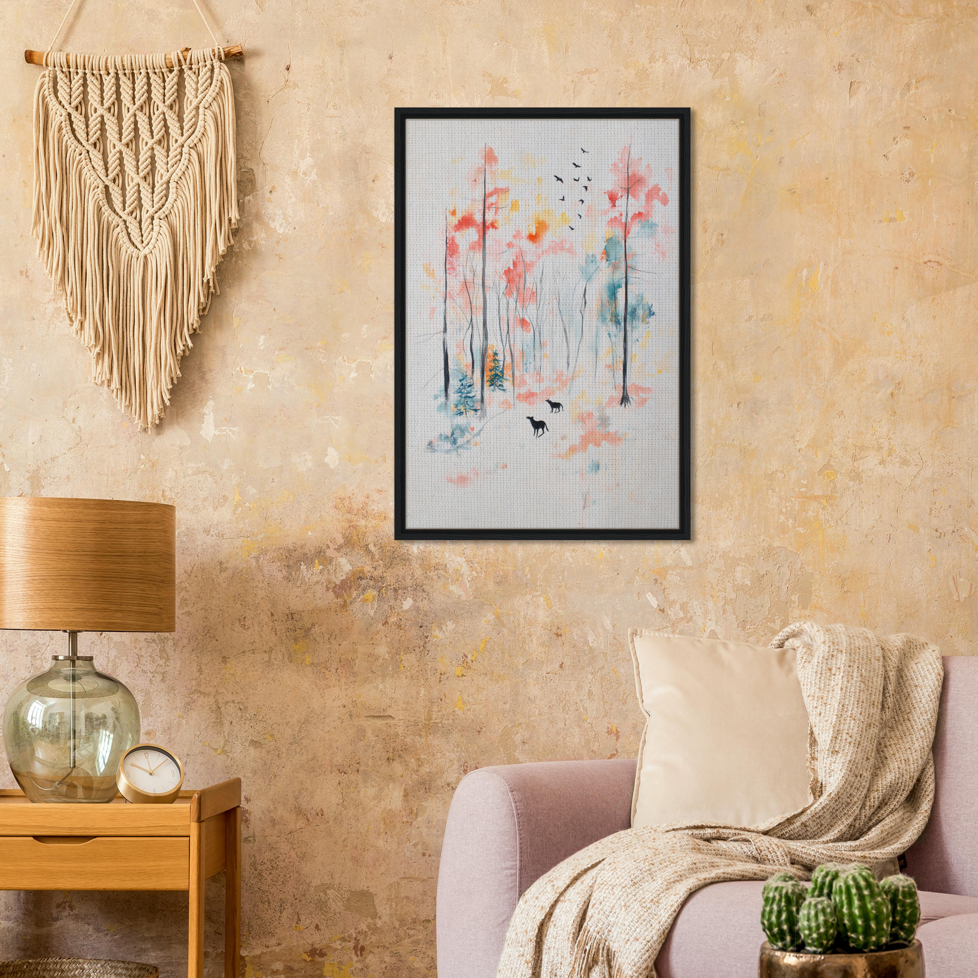 Framed canvas wall art of pastel abstract trees and birds for Whispering Autumn Reverie room decor