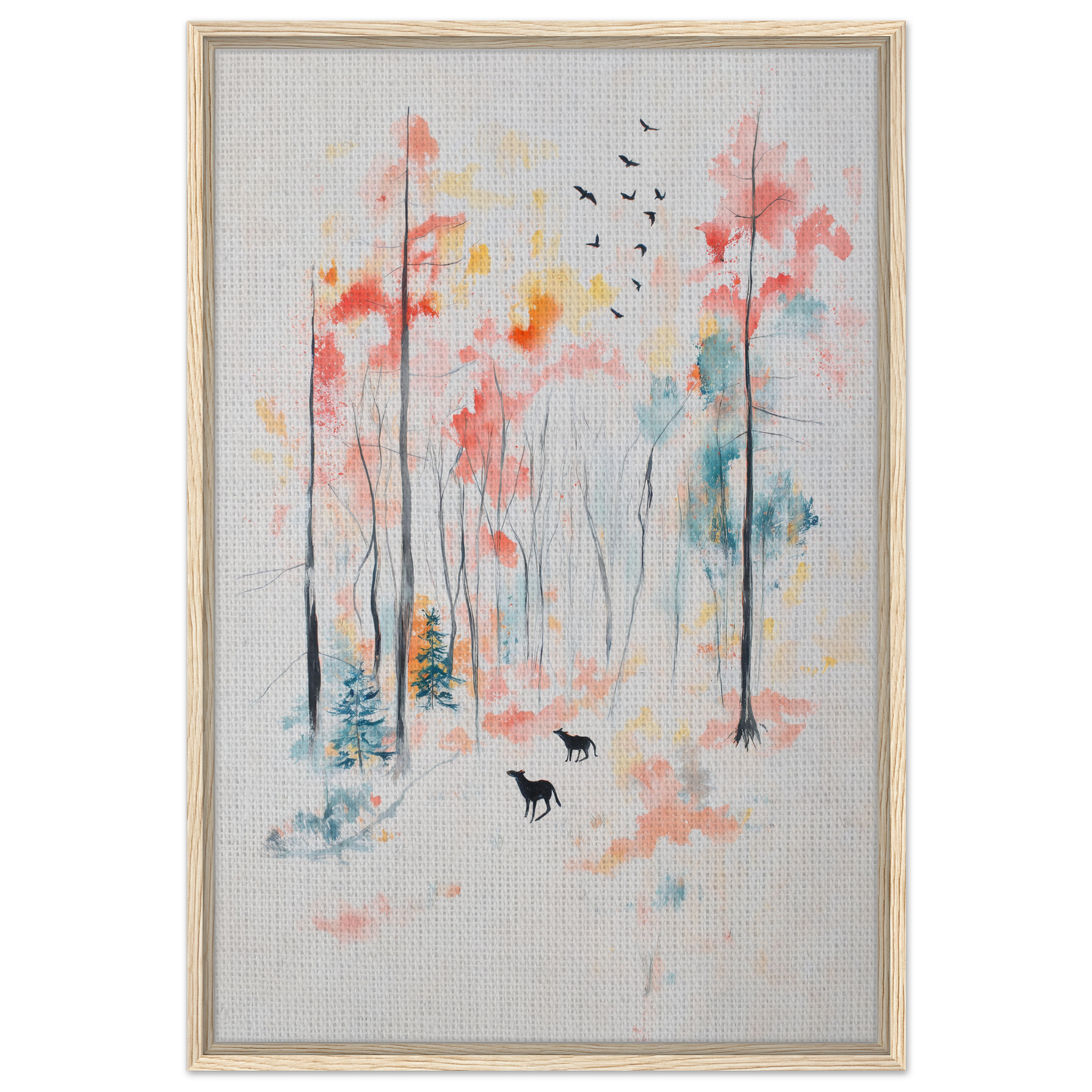 Watercolor painting of a forest scene for Whispering Autumn Reverie framed canvas wall decor