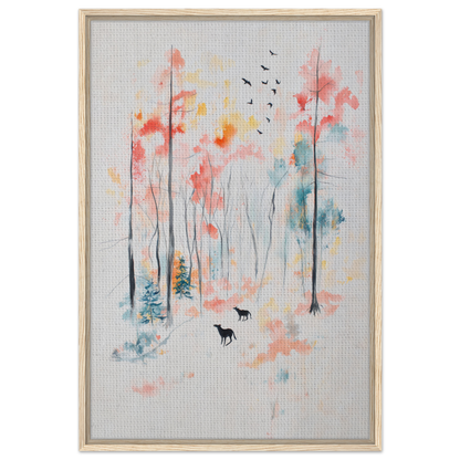 Watercolor painting of a forest scene for Whispering Autumn Reverie framed canvas wall decor