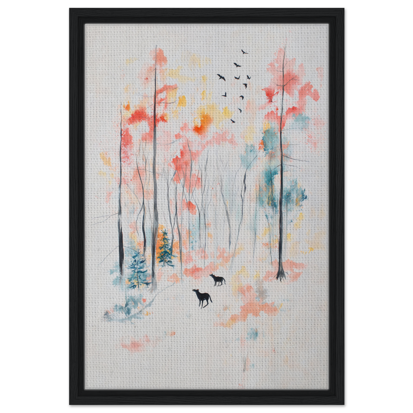 Watercolor painting of a forest with deer silhouettes, perfect for Whispering Autumn Reverie room decor