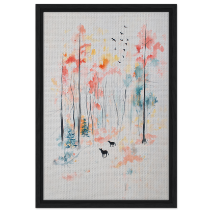 Watercolor painting of a forest with deer silhouettes, perfect for Whispering Autumn Reverie room decor