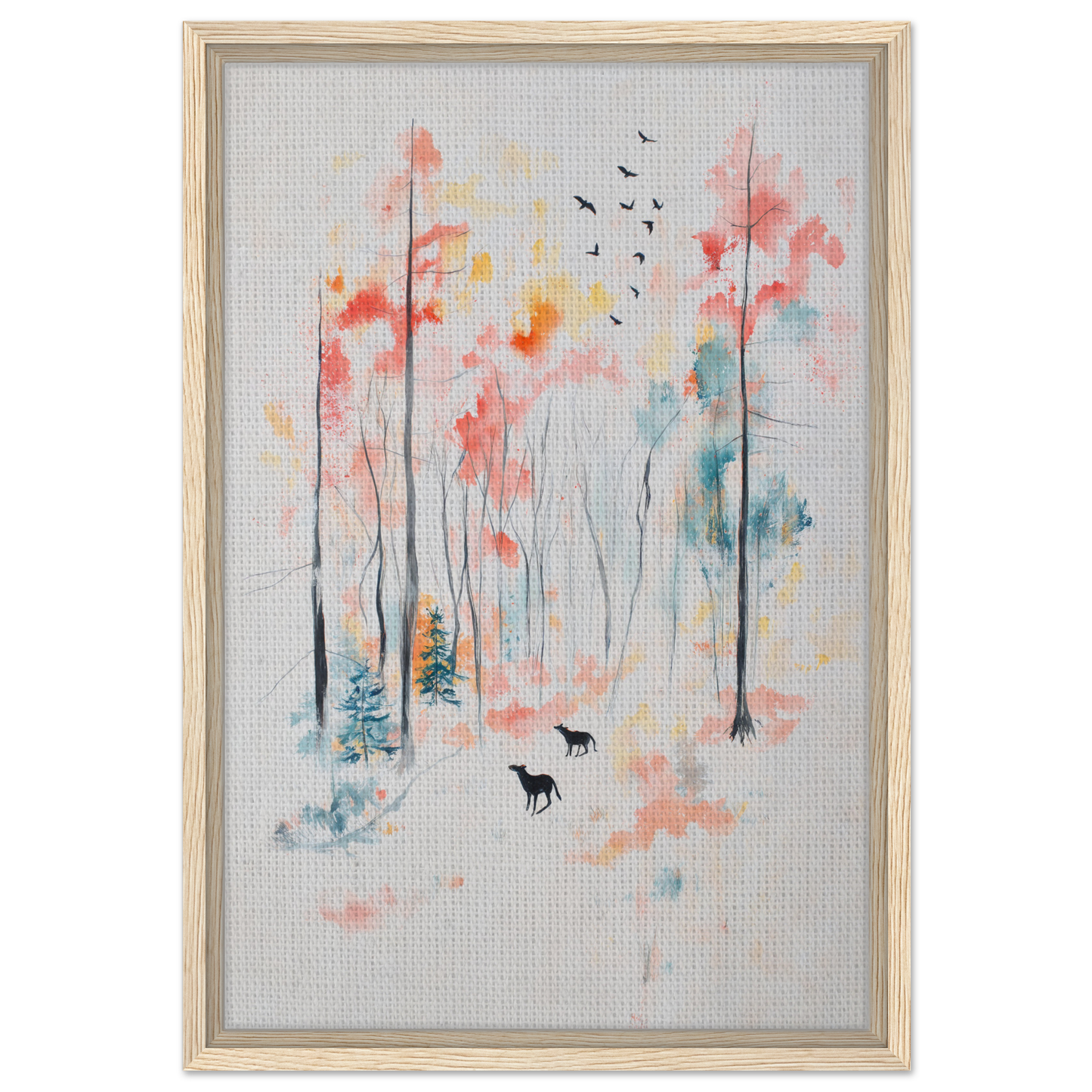 Watercolor painting of misty forest with deer, featured in Whispering Autumn Reverie framed canvas print