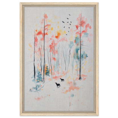 Watercolor painting of misty forest with deer, featured in Whispering Autumn Reverie framed canvas print