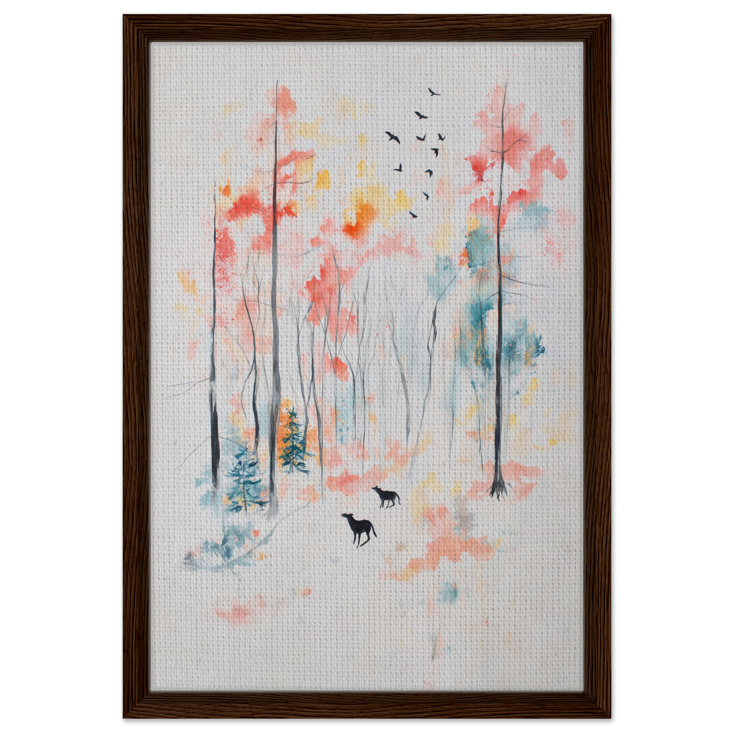 Framed watercolor painting of whimsical forest scene for Whispering Autumn Reverie room decor