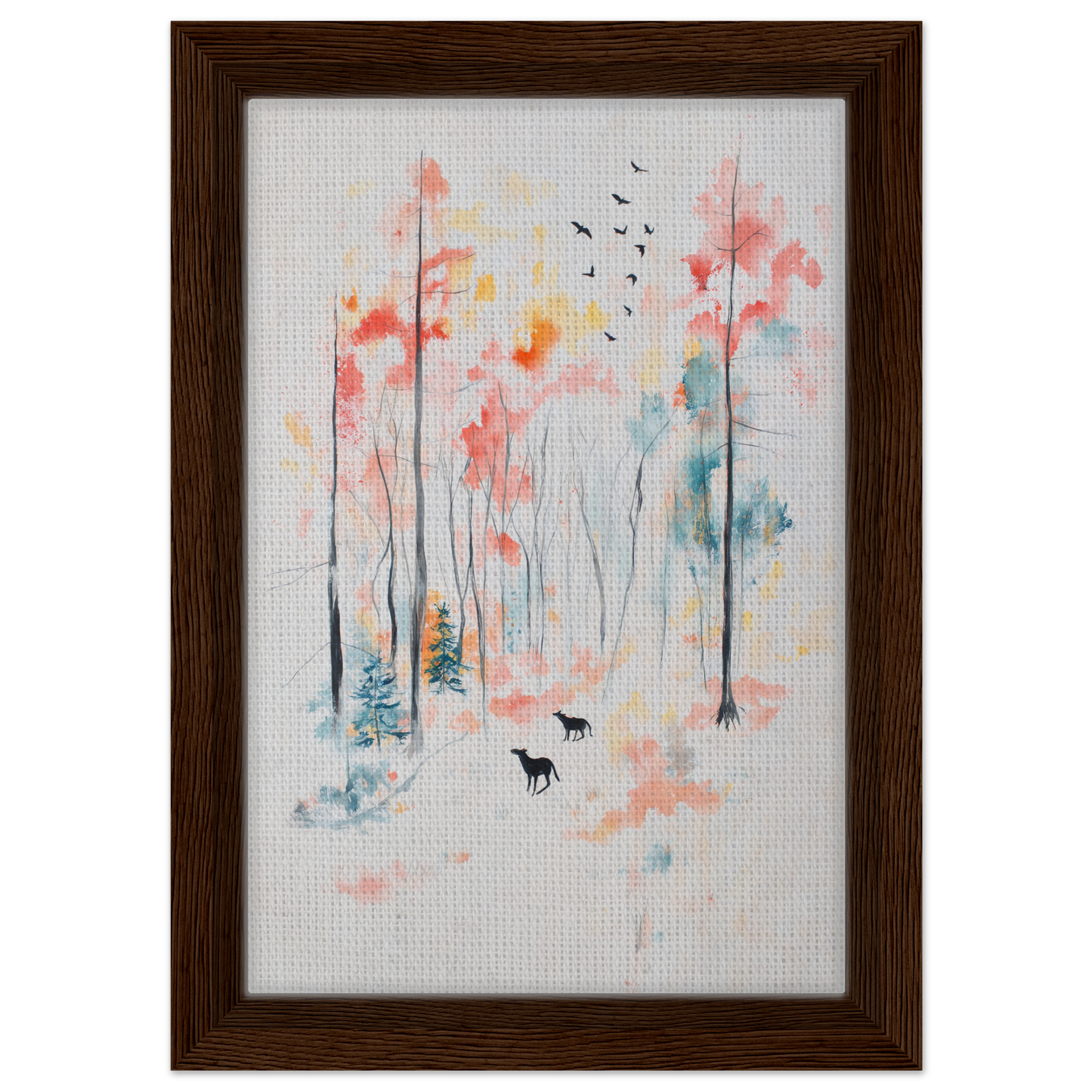 Framed watercolor painting of a misty forest with deer in Whispering Autumn Reverie room decor