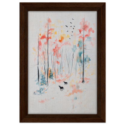 Framed watercolor painting of a misty forest with deer in Whispering Autumn Reverie room decor