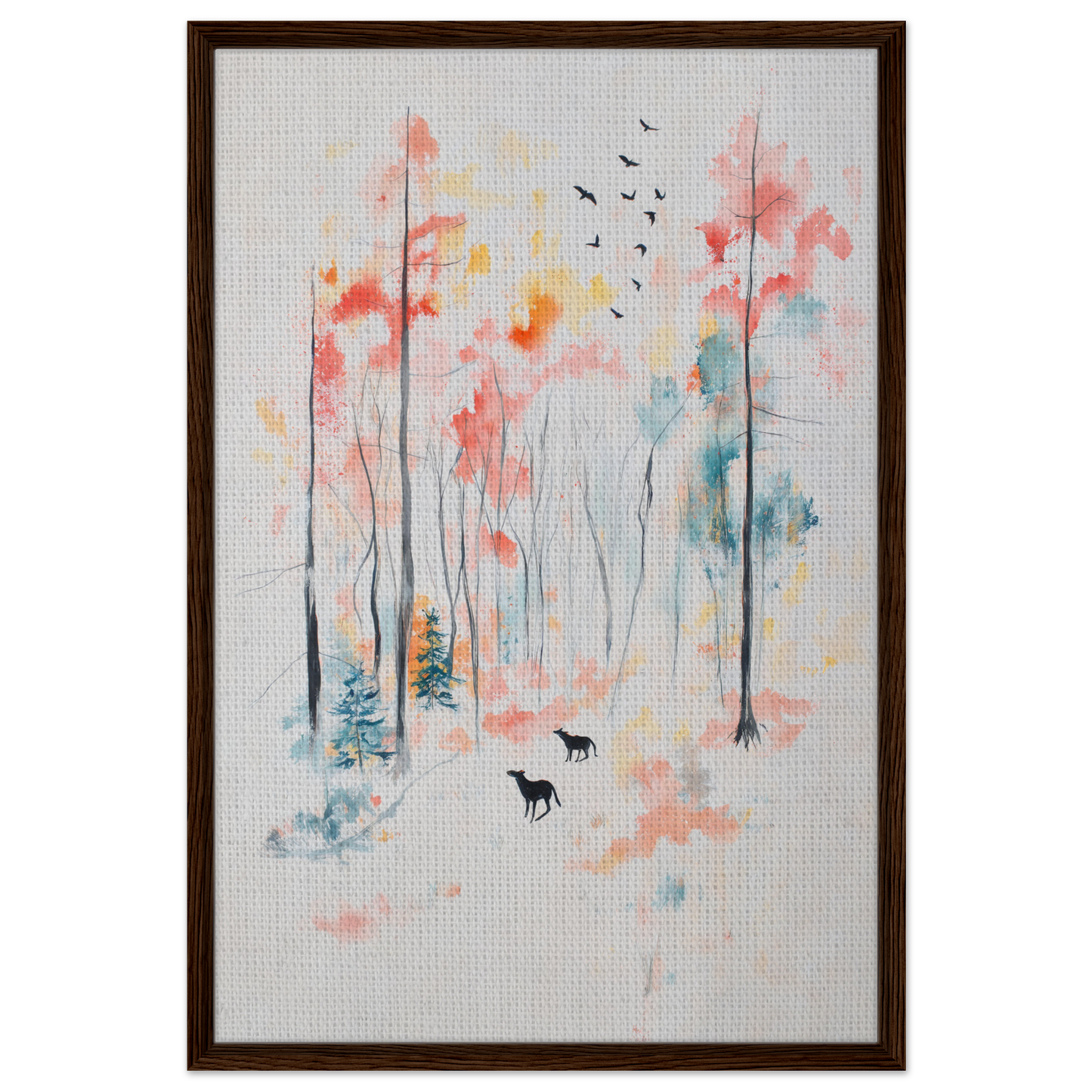 Watercolor painting of forest with abstract trees and animals for Whispering Autumn Reverie room decor