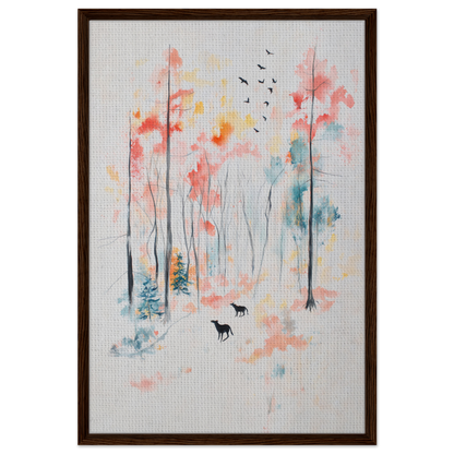 Watercolor painting of forest with abstract trees and animals for Whispering Autumn Reverie room decor